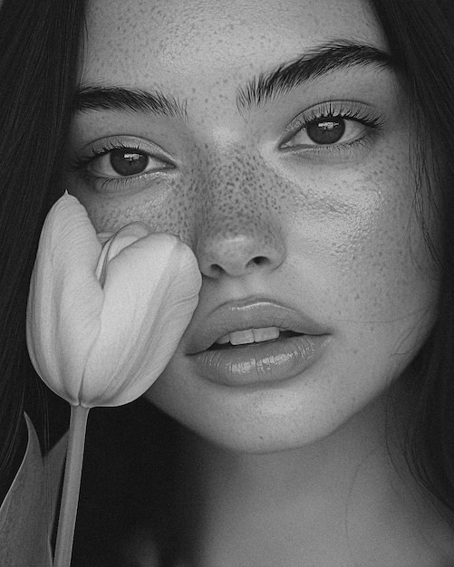 Black White Aesthetic Model Photo Portrait of a Beautiful Woman with Flower in Magazine Cover Style