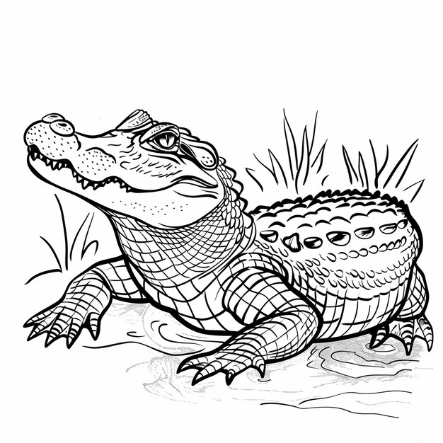 Black and white alligator illustration in swamp setting Stylized reptile in natural habitat