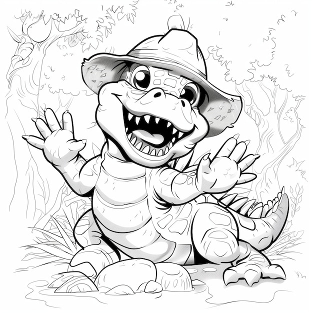 Black and white alligator illustration in swamp setting Stylized reptile in natural habitat