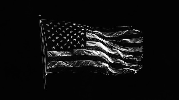 Photo black and white american flag waving on a dark background