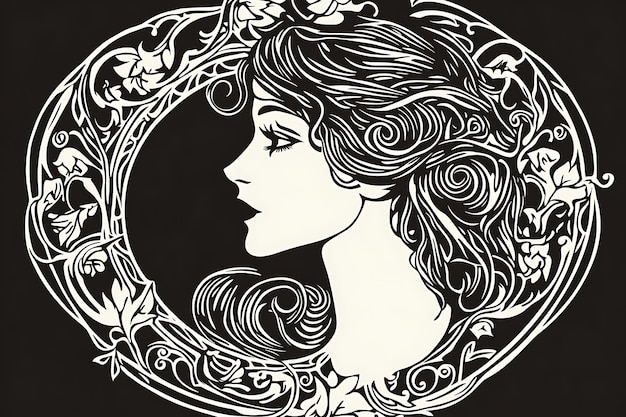 Black and White Art Deco Illustration of a Womans Profile Surrounded by Floral Design