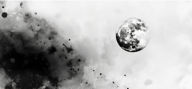 Black and White Artistic Moon with Abstract Ink Clouds Minimalist Concept