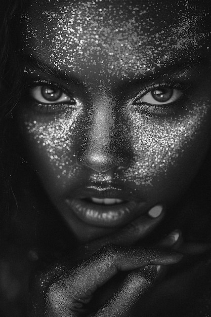 Photo black and white artistic portrait of attractive woman with glitter and face paint