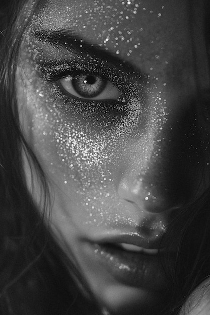 Photo black and white artistic portrait of attractive woman with glitter and face paint