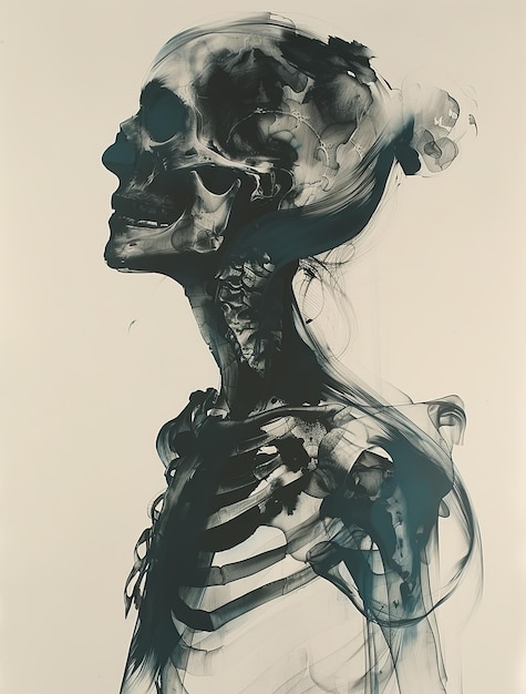 A black and white artwork capturing the fragile elegance of a skeletal girl