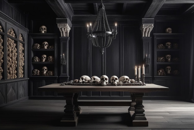 Black and white background at mystical dark interior of medieval room with wooden table with skulls and bones against an ancient stone wall Scary backgrounds for Halloween Copy space text place