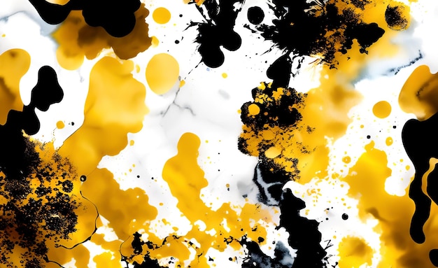 A black and white background with yellow and black paint splatters.