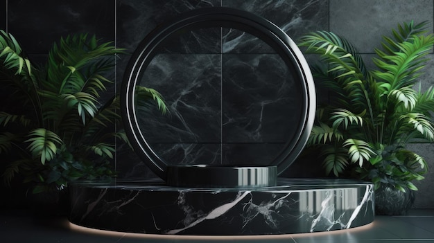 A black and white bathroom with a round mirror and plants.