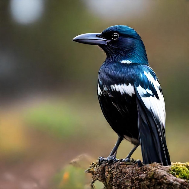 a black and white bird is standing on a log