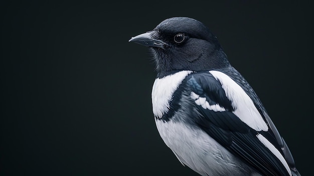 a black and white bird with a black and white face and a black background