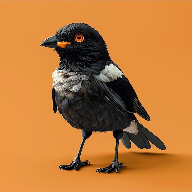 a black and white bird with a red eye and white feathers