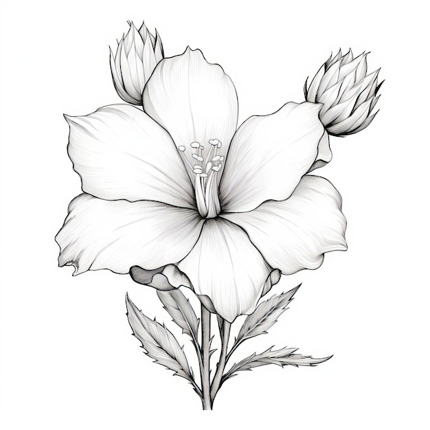 Black And White Botanical Hibiscus Flower Illustration