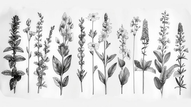 Photo black and white botanical illustration of various types of plants and herbs