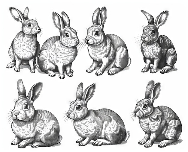 Photo black and white brush painting ink draw illustration of a rabbit set