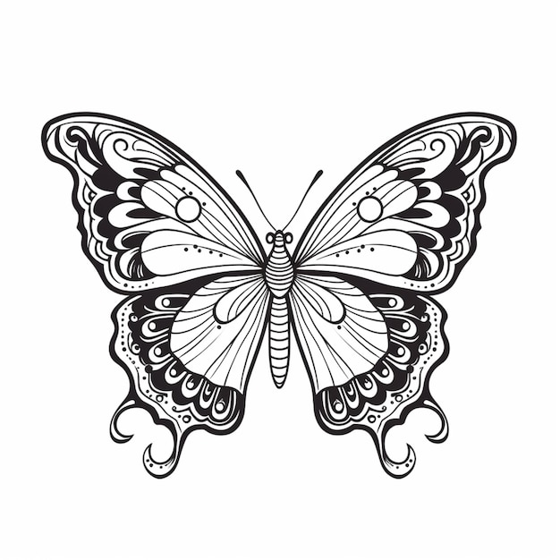 a black and white butterfly with swirly wings on a white background generative ai