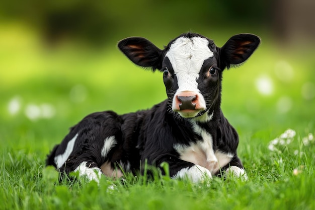 Black and white calf sitting on green grass ground