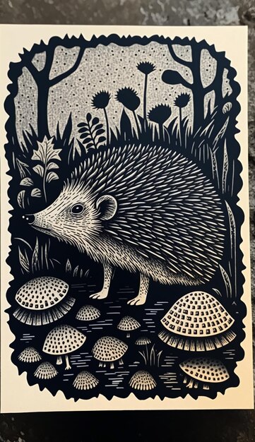 A black and white card with a hedgehog in the middle of a forest with mushrooms.