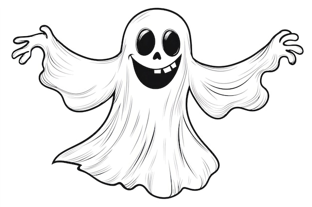 Photo black and white cartoon illustration of funny ghost or phantom halloween character for coloring book