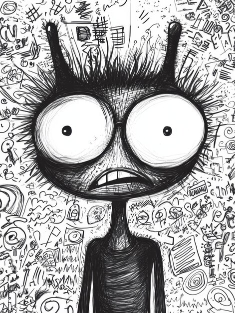 Black and White Cartoon of a Monster with Big Eyes