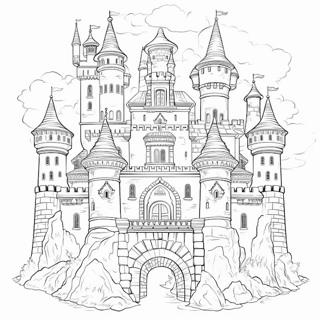 Black and white castle thick bold outline coloring page book