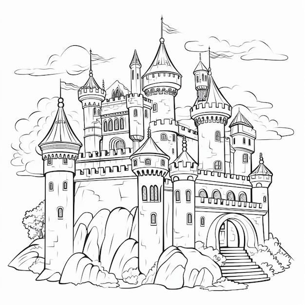 Black and white castle thick bold outline coloring page book