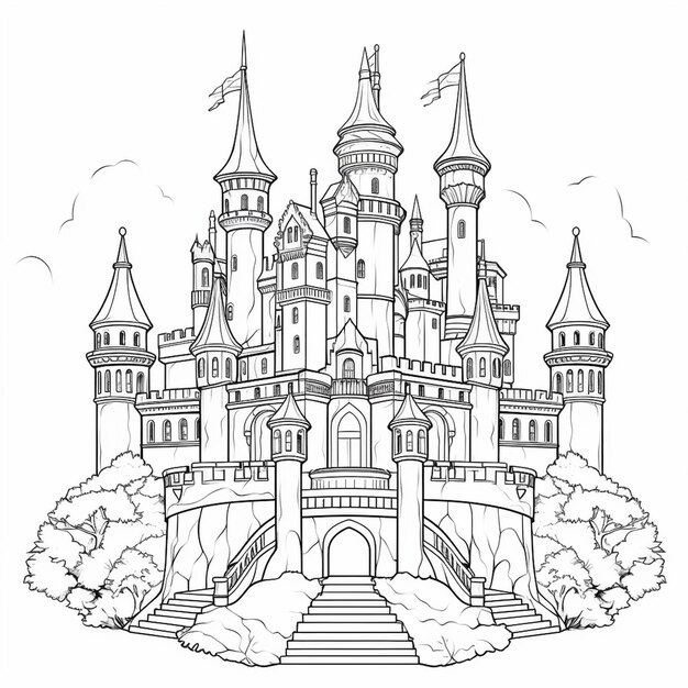 Black and white castle thick bold outline coloring page book