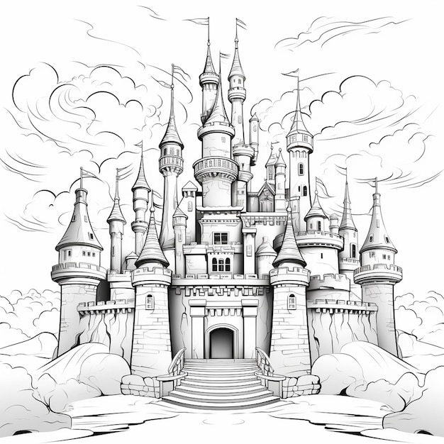 Black and white castle thick bold outline coloring page book