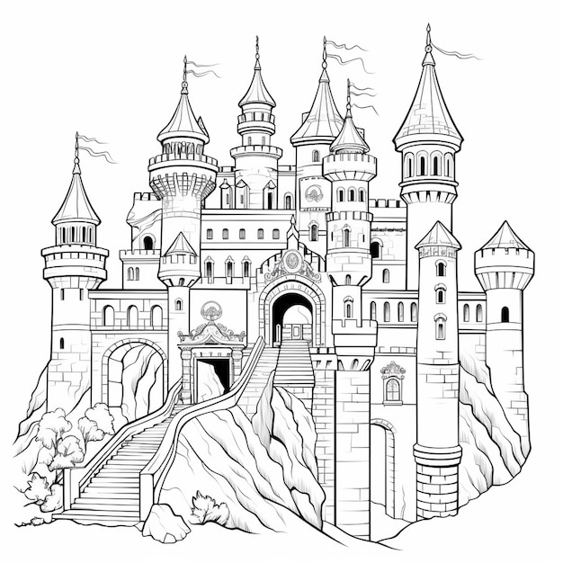 Black and white castle thick bold outline coloring page book