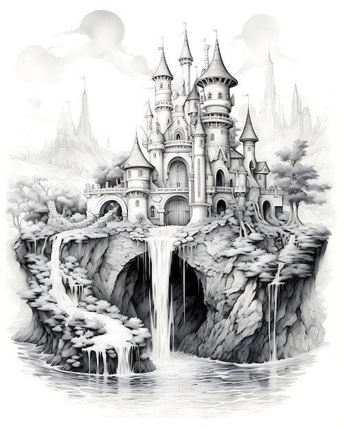 Black White Castle Waterfall Drawing