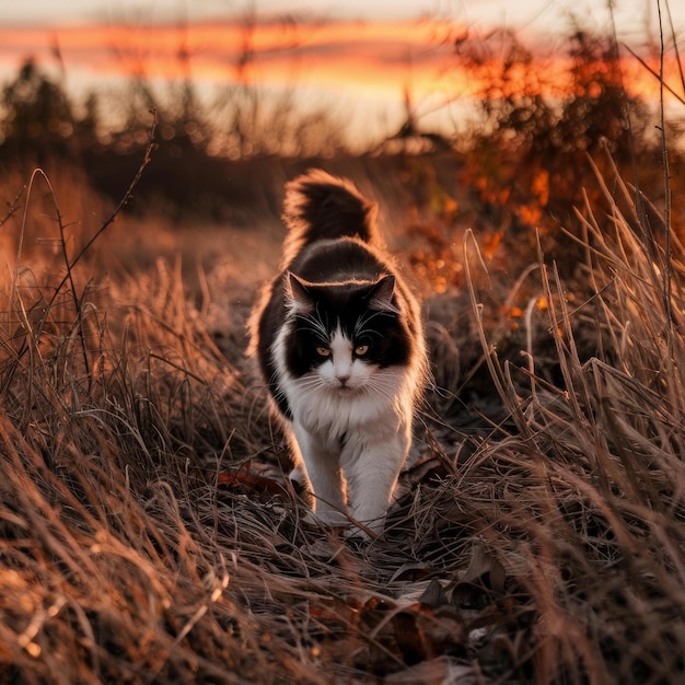 Photo a black and white cat is in the dry autumn grass at sunset