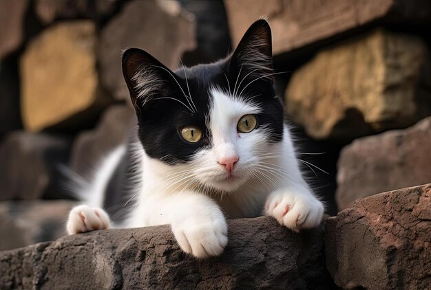 a black and white cat is looking over a stone wall