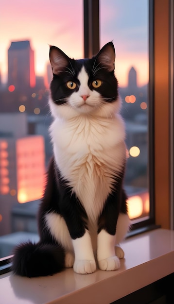 a black and white cat is sitting on a window sill