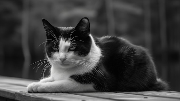 A black and white cat is sitting on a wooden deck.