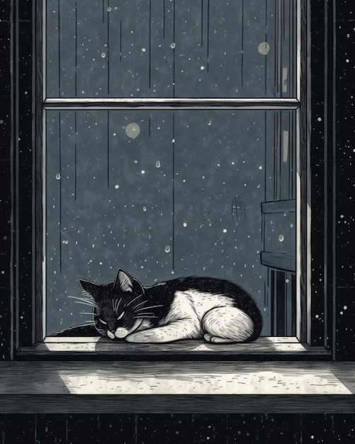 A black and white cat is sleeping on a window sill.