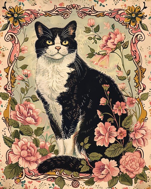 Photo a black and white cat is standing in a floral frame with flowers and a picture of a cat