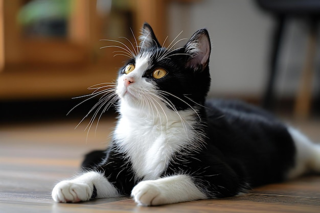 Black and white cat lying on the floor in the living room