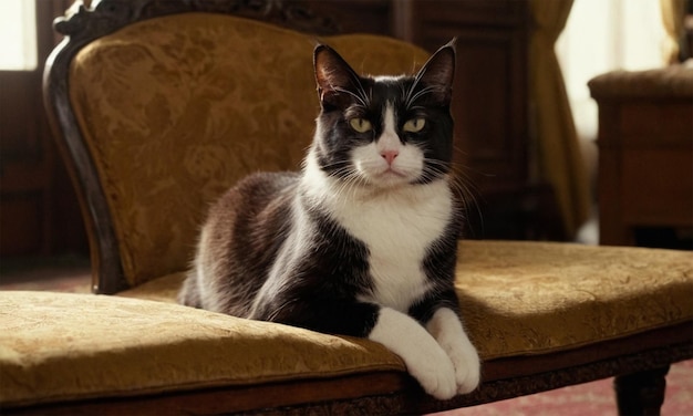 Photo a black and white cat sits on a chair with a gold colored arm rest