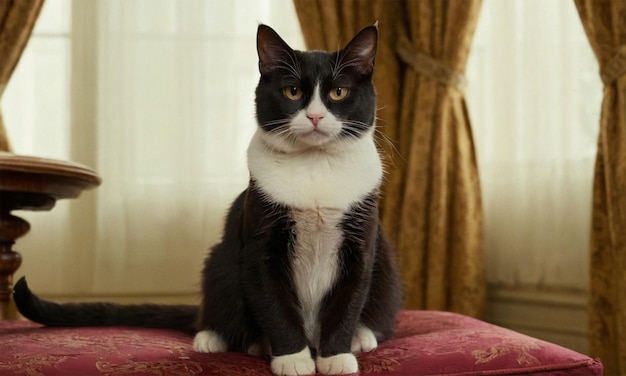 Photo a black and white cat sits on a red chair