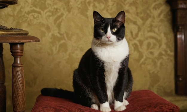 Photo a black and white cat sits on a red couch