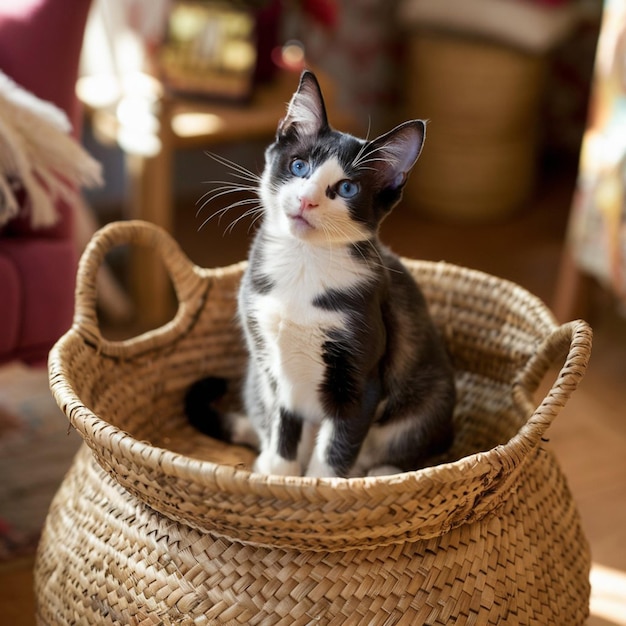 Photo a black and white cat sitting in a basket with a pink and white cat on the side