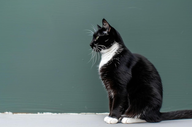 Black and white cat sitting in front of a green chalkboard