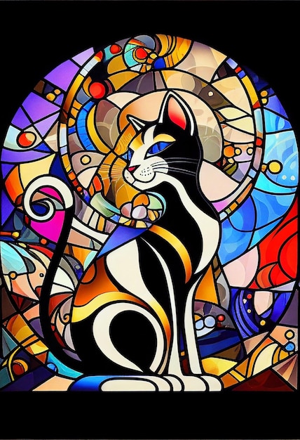 Black and white cat sitting in front of a stained glass window generative ai