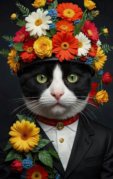 a black and white cat wearing a tuxedo hat with flowers on it