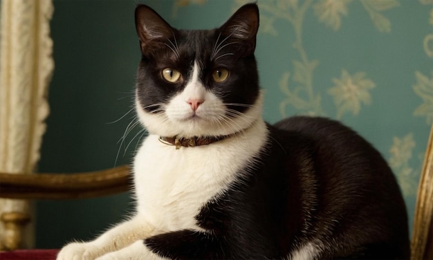 Photo a black and white cat with a collar that says quot the name quot on it