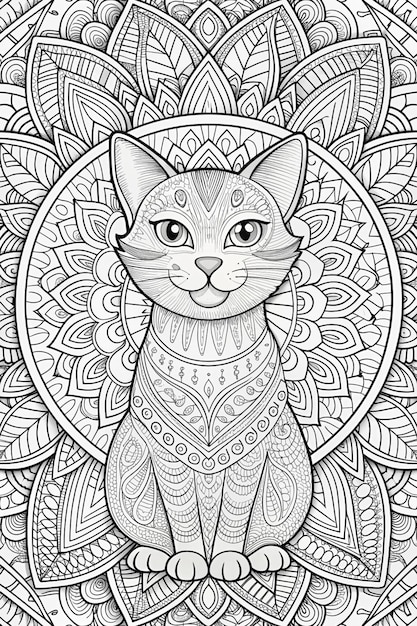 a black and white cat with a pattern of doodles on the background