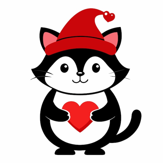 Photo a black and white cat with a red hat holding a heart shaped heart