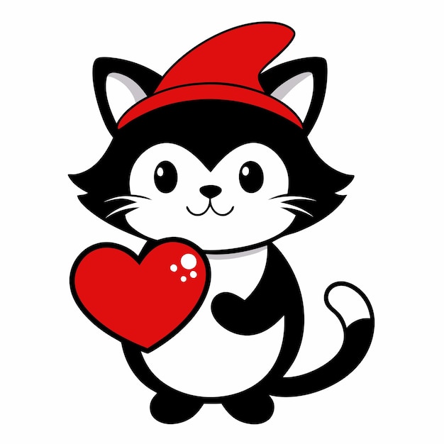 Photo a black and white cat with a red hat holding a heart shaped heart