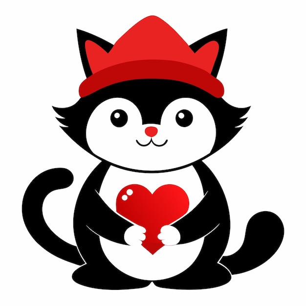 Photo a black and white cat with a red hat holding a heart shaped heart