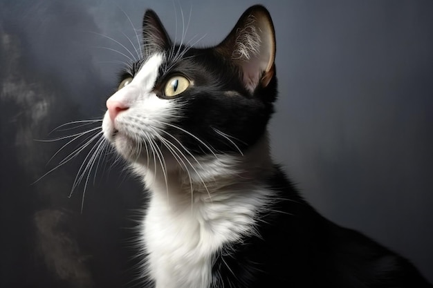 Black and white cat with yellow eyes portrait on a dark background