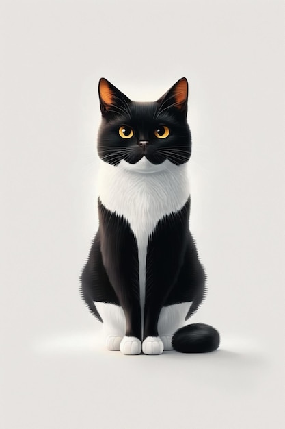 A black and white cat with yellow eyes sits on a white background.